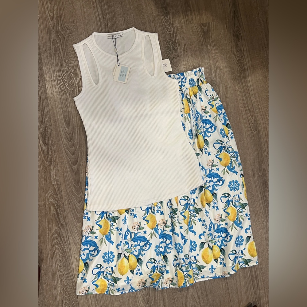 Women's White Lemon-Print Skirt with and White Ribbed Tank Top bundled